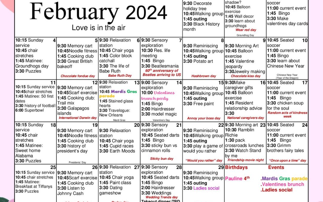 February Activities Calendar 2024 Harmony Homes